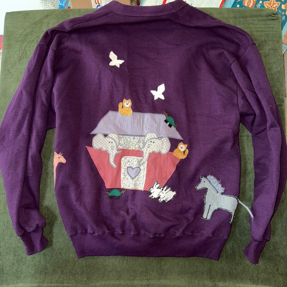 Vintage Jerzees Sweatshirt Cardigan Novelty Noahs Ark Animal Applique Purple‎ L - Picture 7 of 7